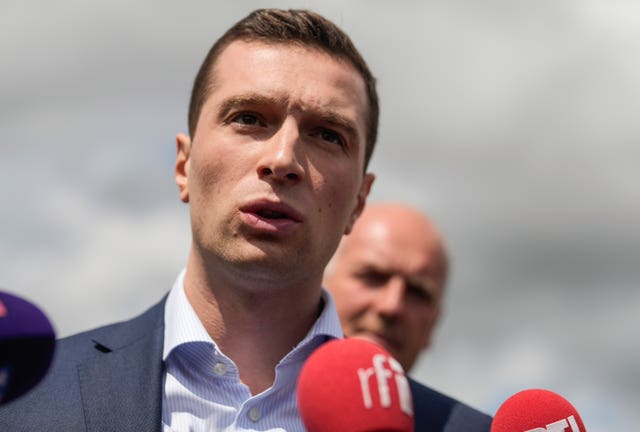 Jordan Bardella, the National Rally leader, speaking during a visit to a farm in Chuelles, south of Paris