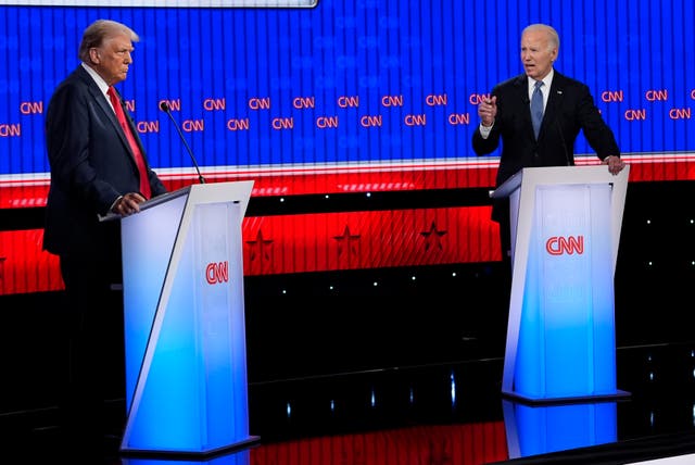US President Joe Biden, right, and Republican presidential candidate former president Donald Trump participating in a presidential debate
