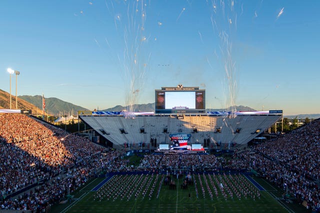 Fireworks explode in the sky during a July Fourth celebration at LaVell Edwards Stadium