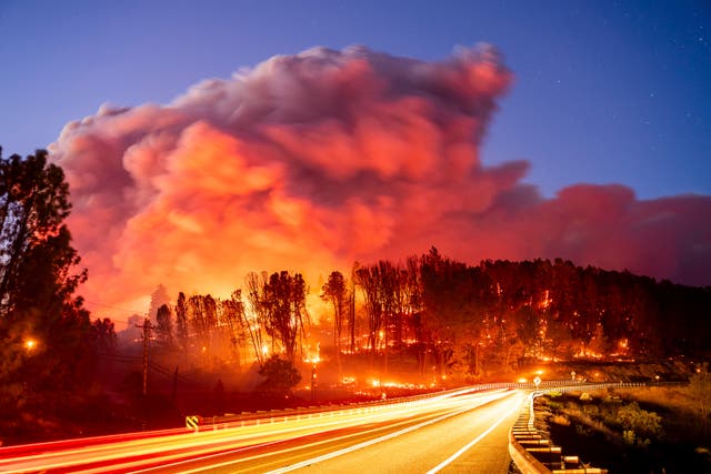 The Park Fire burns along Highway 32 in Butte County, California