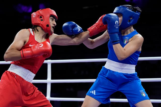 Imane Khelif, left, takes on Angela Carini