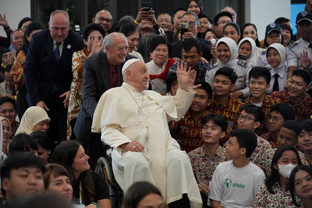Pope Francis interacts with the young people of Scholas Occurrentes at Grha Pemuda Youth Center in Jakarta, Indonesia