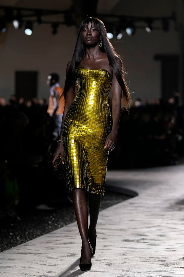 A model wears a creation as part of the Versace Spring Summer 2025 collection