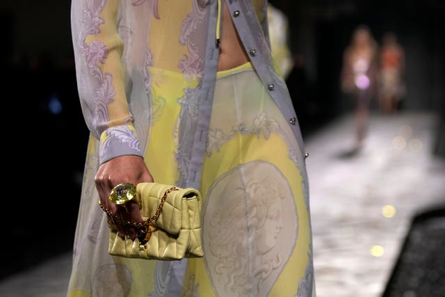 A model wears a creation as part of the Versace Spring Summer 2025 collection