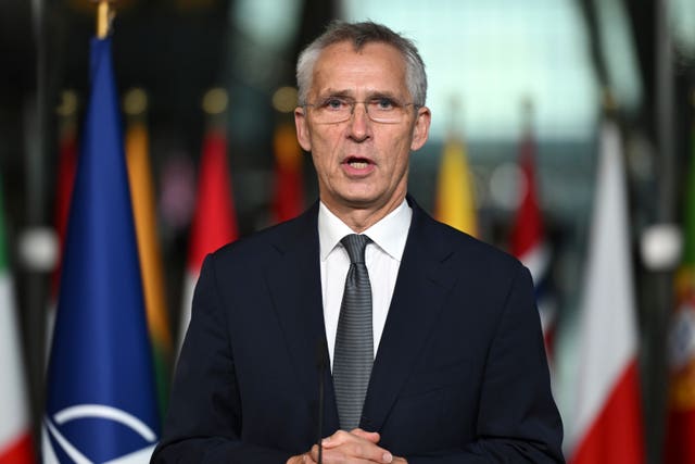 Jens Stoltenberg makes a statement during a transition ceremony at Nato headquarters in Brussels, Belgium
