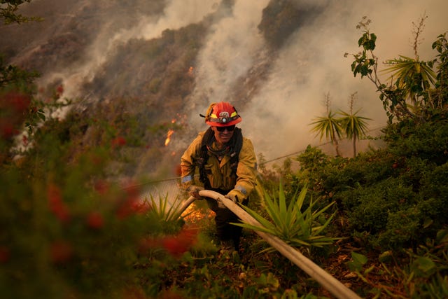 firefighter sets up a hose while fighting the Palisades Fire in Mandeville Canyon