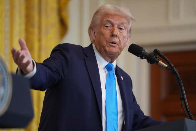 President Donald Trump speaks during a news conference with Israel’s Prime Minister Benjamin Netanyahu in the East Room of the White House