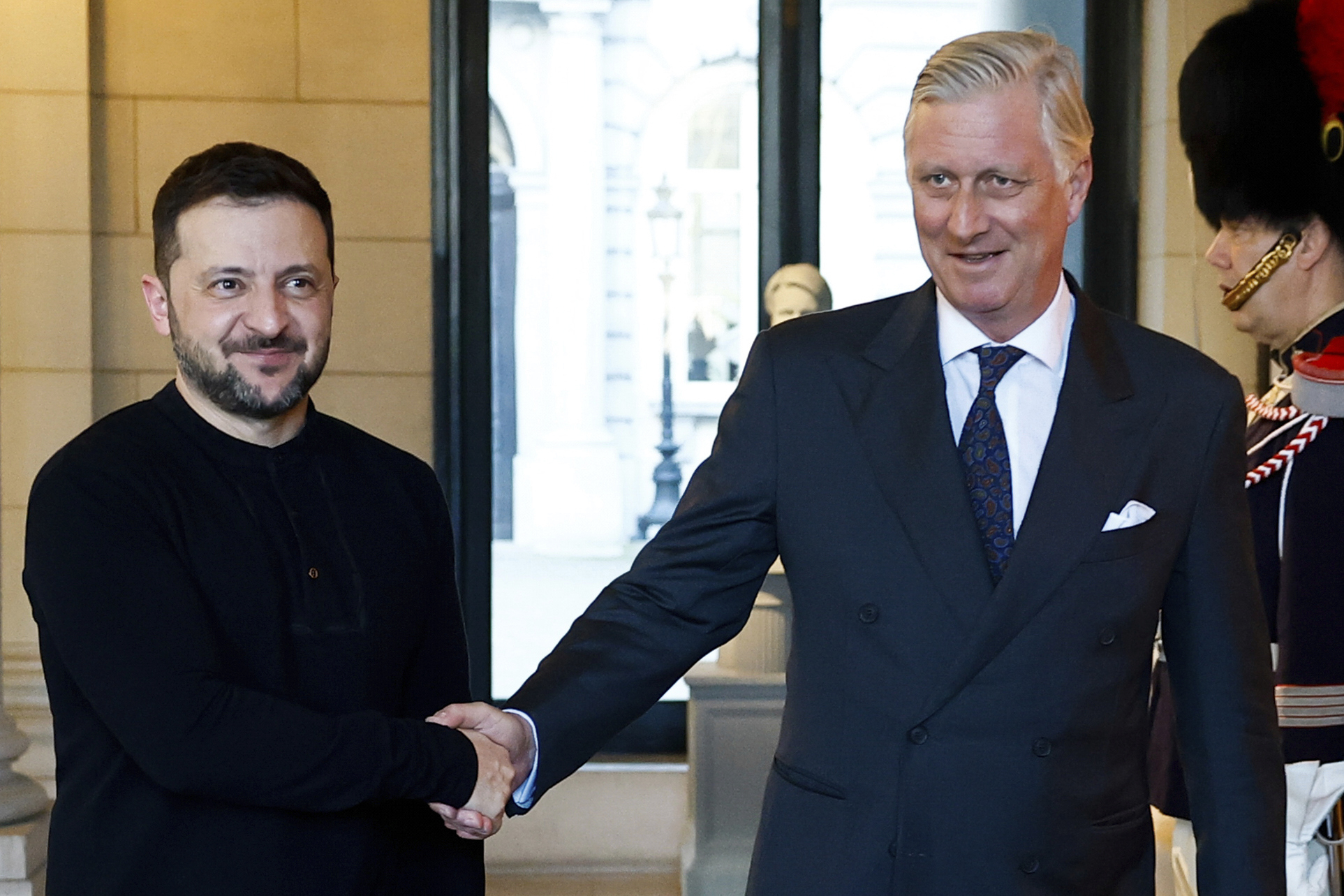 Belgium’s King Philippe, right, greets Ukraine’s President Volodymyr Zelenskyyprior to a meeting at the Royal Palace in Brussels