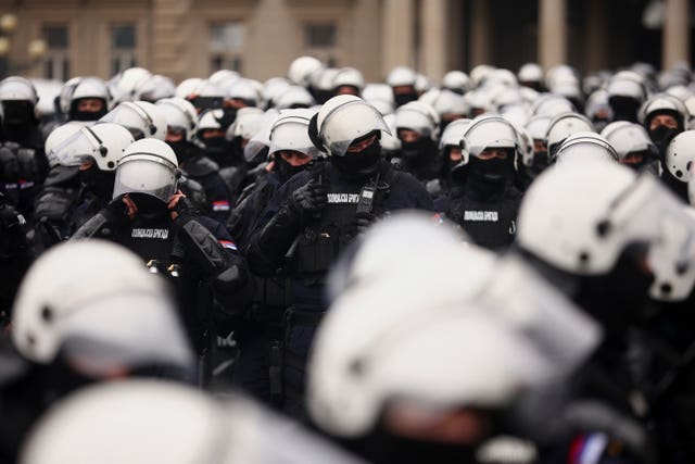 Anti-riot police cordons off the area near the Parliament building