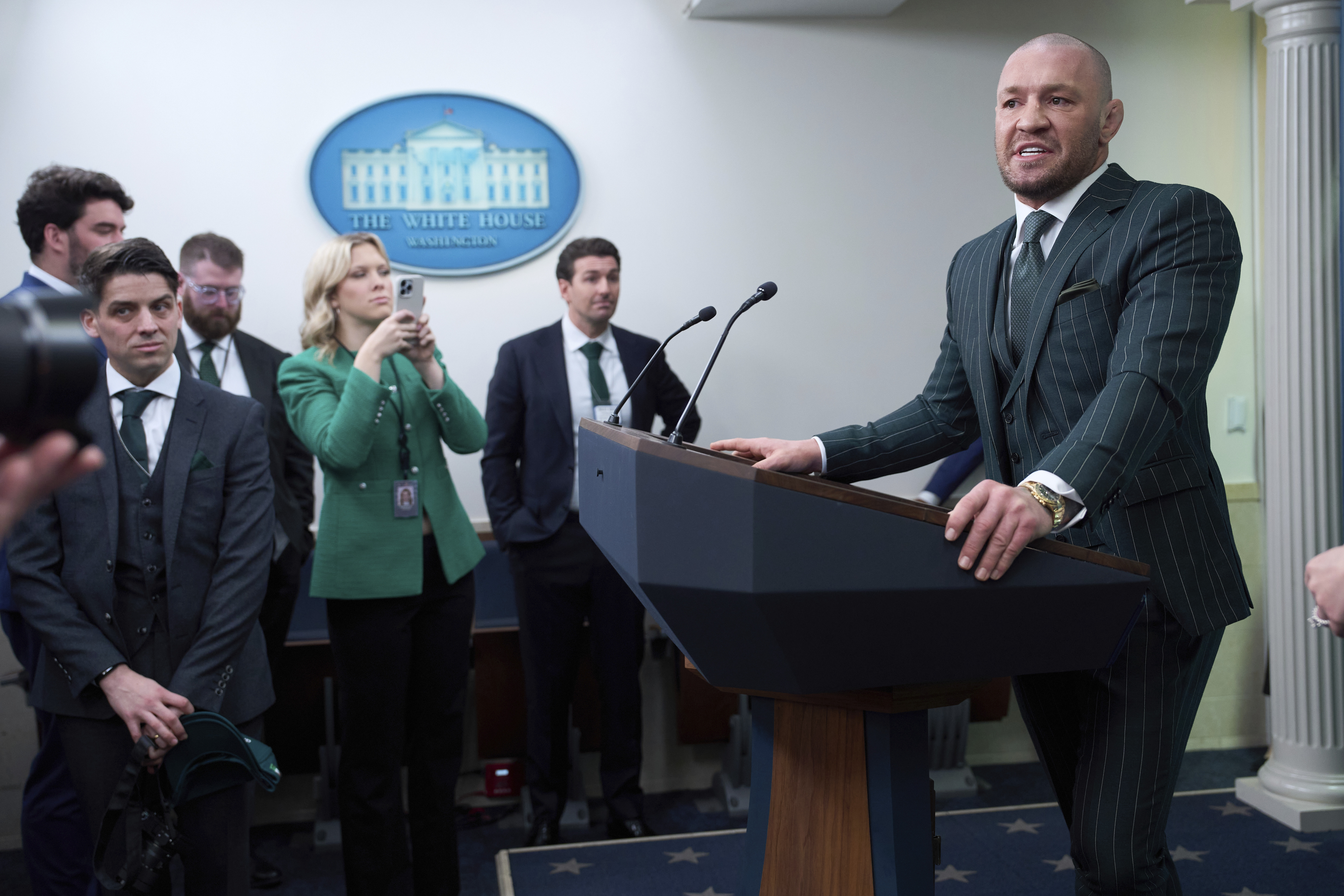Conor McGregor speaking to reporters in the briefing room of the White House