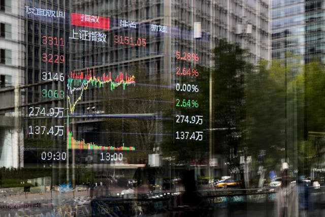 Pedestrian and office buildings are reflected on a brokerage house’s window as an electronic board displays Shanghai shares trading index in the Central Business District, in Beijing