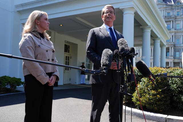 US treasury secretary Scott Bessent and White House press secretary Karoline Leavitt speaking to reporters outside the West Wing