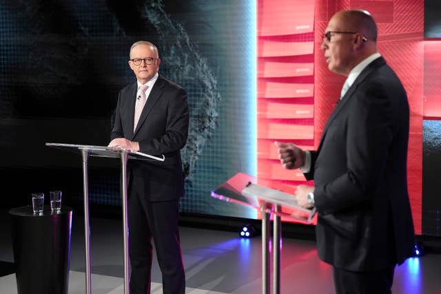 Australian Prime Minister Anthony Albanese and opposition leader Peter Dutton, right, during a second leaders’ debate