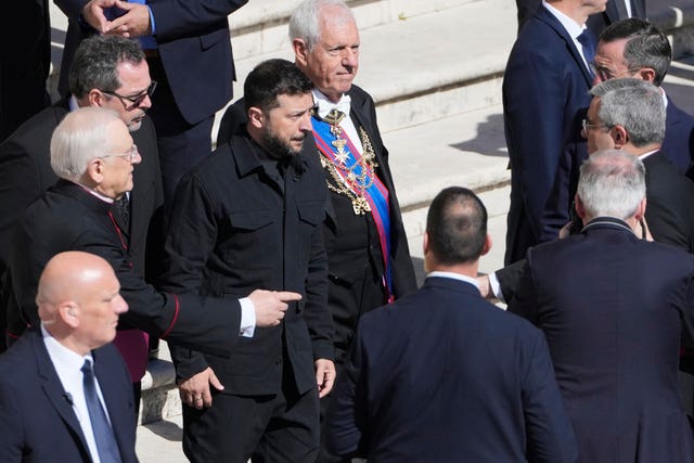 Volodymr Zelensky, centre, arrives for the funeral of Pope Francis in St Peter’s Square