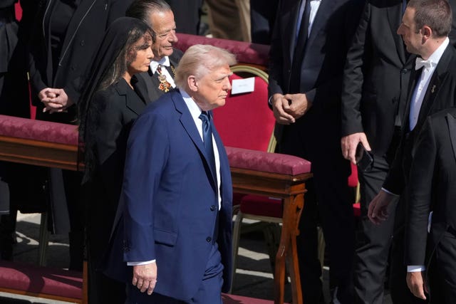 President Donald Trump and first lady Melania Trump arriving for the funeral of Pope Francis in St Peter’s Square at the Vatican