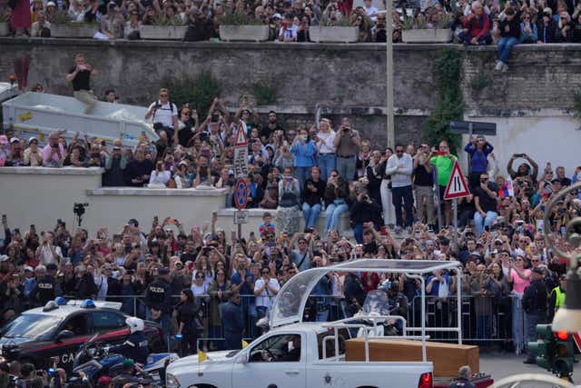 The coffin of Pope Francis leaving a crowded St Peter’s Square