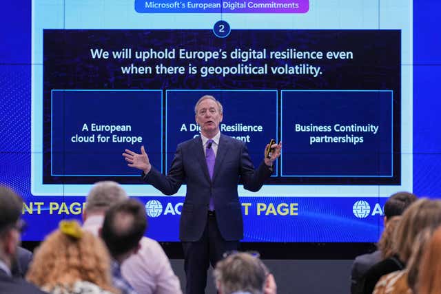 Microsoft’s president Brad Smith speaks at a conference on digital resilience during geopolitical volatility in Brussels