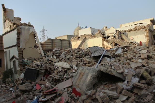 Rubble surrounds a building that was hit by an Indian missile attack, near Bahawalpur, a city in Pakistan’s Punjab province