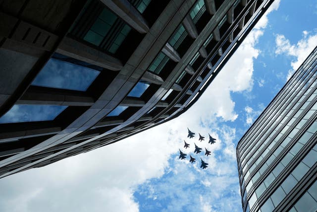 Russian jet fighters from aerobatic teams fly towards Red Square for the Victory Day military parade general rehearsal in Moscow