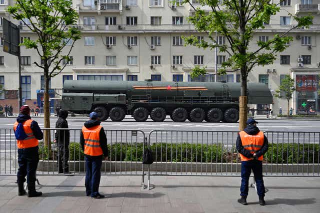 A Russian RS-24 Yars ballistic missile launcher in Moscow after the Victory Day military parade general rehearsal