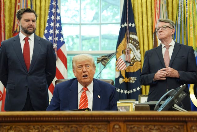 Donald Trump with Vice President JD Vance and the UK ambassador to the United States Peter Mandelson in the Oval Office