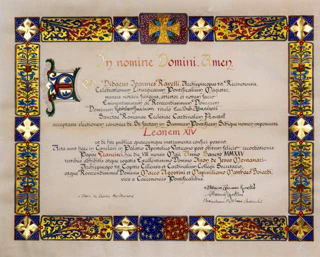 The official document attesting the acceptance by Pope Leo XIV, formerly Cardinal Robert Francis Prevost, of his election