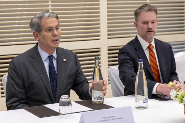US Treasury secretary Scott Bessent, left, and trade representative Jamieson Greer listen to the speeches during a bilateral meeting between Switzerland and the United States, in Geneva
