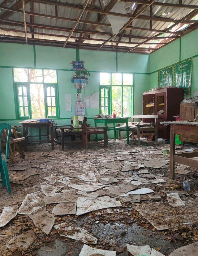 A room of the school filled with debris
