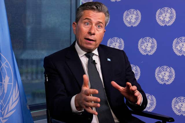 UN humanitarian chief Tom Fletcher responds to questions during an interview with The Associated Press at United Nations headquarters