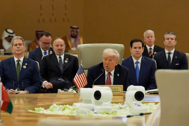President Donald Trump speaks during the Gulf Co-operation Council summit in Riyadh, Saudi Arabia