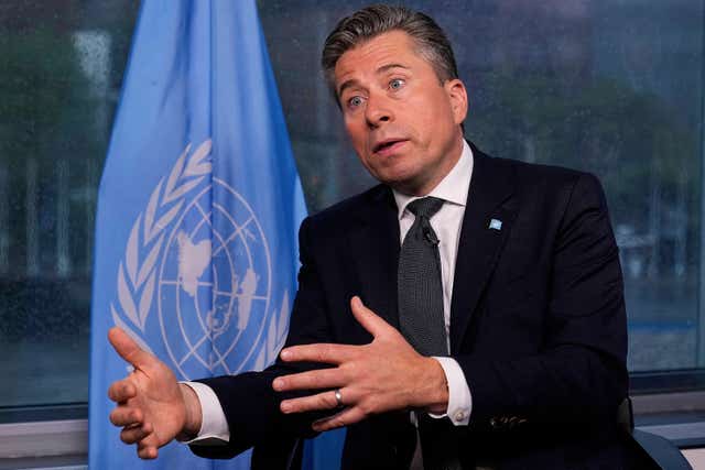 UN humanitarian chief Tom Fletcher responds to questions during an interview with The Associated Press at United Nations headquarters