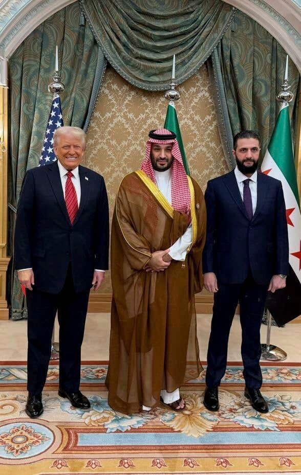 US President Donald Trump, left, Saudi Arabia’s Crown Prince Mohammed bin Salman, centre, and Syria’s interim president Ahmad al-Sharaa in Riyadh, Saudi Arabia