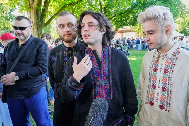 Eurovision competitor band Ziferblat from Ukraine gives an interview to the Associated Press during a family meeting of Ukrainian people in a park in Basel as part of the 69th Eurovision Song Contest week in Basel, Switzerland