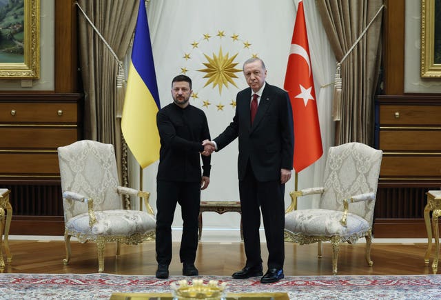 Turkish President Recep Tayyip Erdogan, right, shakes hands with his Ukrainian counterpart Volodymyr Zelensky during their meeting at the presidential palace in Ankara