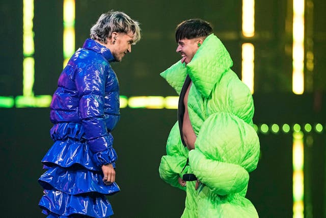Former Eurovision competitors Kaarija from Finland and Baby Lasagna from Croatia perform a song battle during the dress rehearsal for the grand final