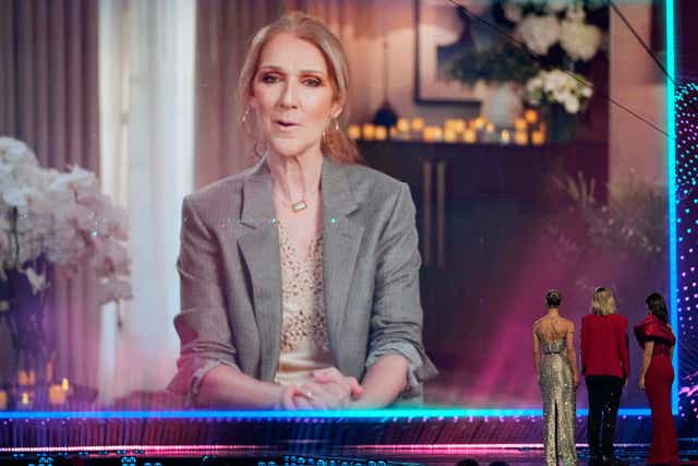 Celine Dion speaks during a pre-recorded video message during the dress rehearsal for Tuesday's semi-final
