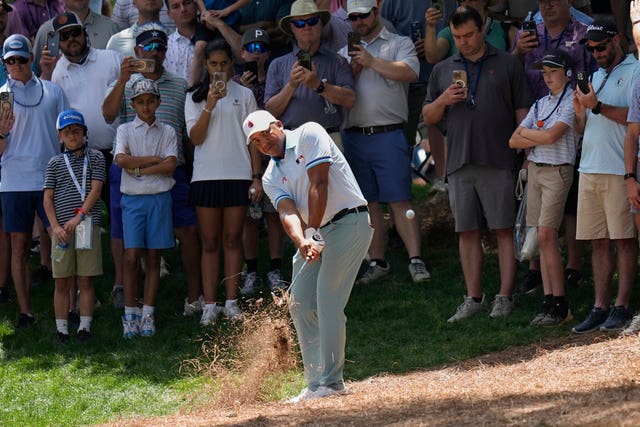 Jhonattan Vegas hits from the pine straw on the second hole during the third round of the US PGA Championship