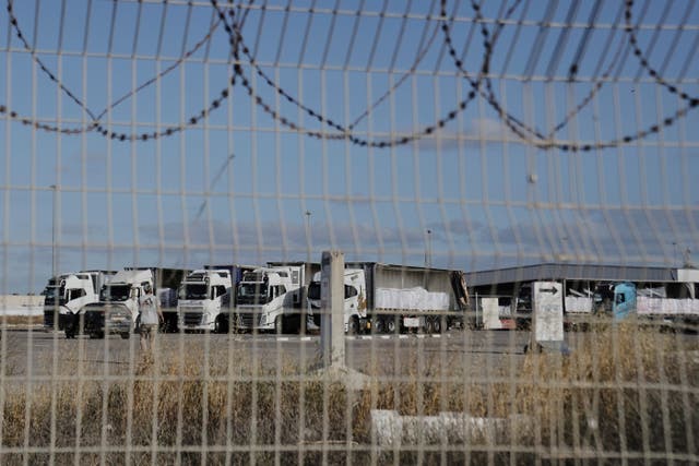 Trucks loaded with humanitarian aid at the Kerem Shalom crossing in southern Israel