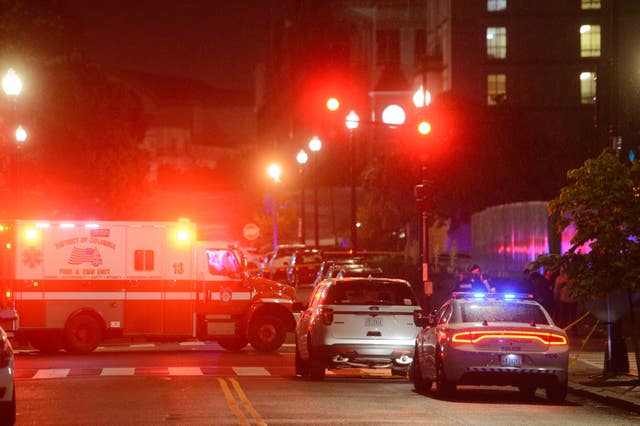 Law enforcement at the scene after two staff members of the Israeli embassy in Washington were shot and killed outside the Capital Jewish Museum in Washington