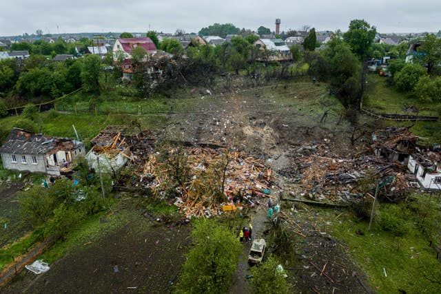 A view of residential houses destroyed by a Russian strike