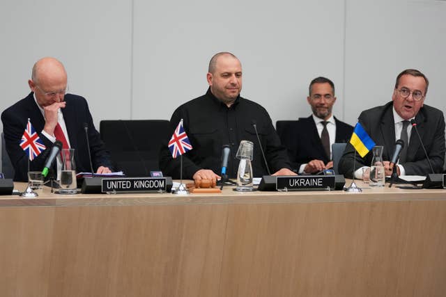 UK Defence Secretary John Healey, Ukraine’s defence minister Rustem Umerov and Germany’s defence minister Boris Pistorius during a meeting of the Ukraine Defence Contact Group