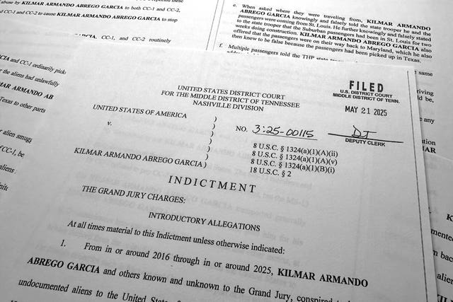 The indictment of Kilmar Abrego Garcia that charges him with transporting people who were in the United States illegally