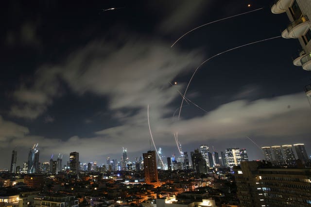 The Israeli Iron Dome air defence system fires to intercept missiles over Tel Aviv, Israel