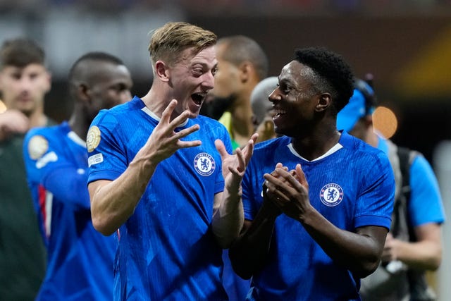 Liam Delap (left) celebrates at the end of Chelsea's Club World Cup match