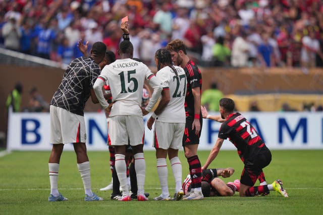 Chelsea’s Nicolas Jackson is sent off for a foul on Flamengo's Ayrton Lucas
