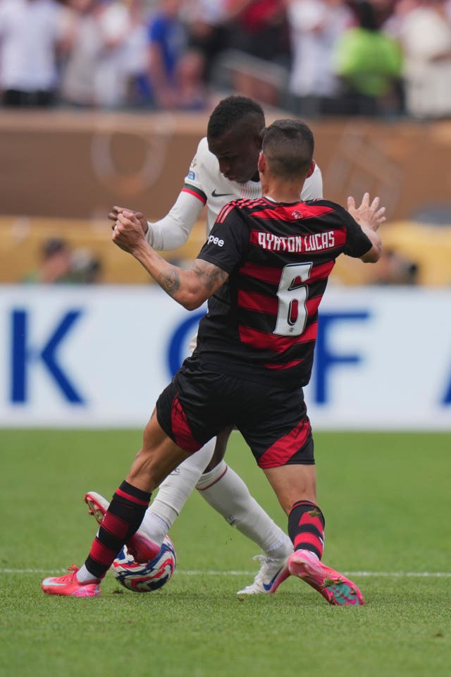 Chelsea’s Nicolas Jackson fouls Flamengo’s Ayrton Lucas to earn a red card