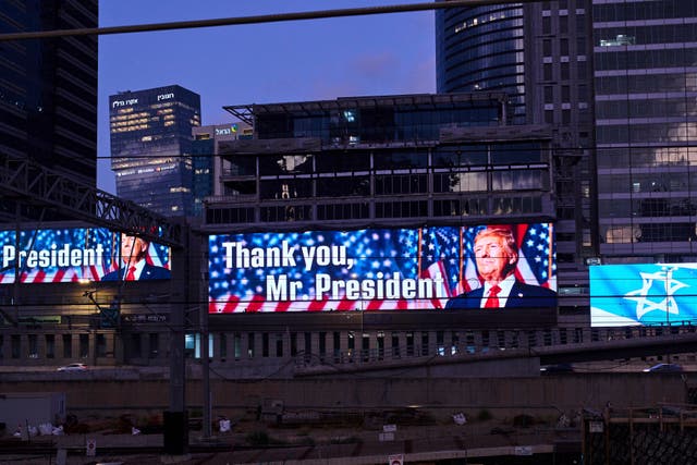 An electronic billboard beams an image of President Donald Trump alongside the message “Thank you, Mr. President” referring to the U.S. involvement in the war between Israel and Iran, in Ramat Gan, Israel