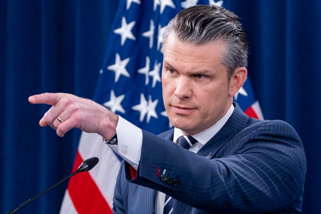 Defence Secretary Pete Hegseth speaks during a news conference at the Pentagon on Sunday
