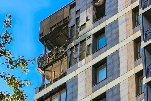 A damaged flat at a building where a Ukrainian drone fell in Krasnogorsk, just outside Moscow, Russia