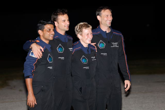 SpaceX Falcon 9 crew, Shubhanshu Shukla of the Indian Space Research Organisation, from left, Tibor Kapu of Hungary, commander Peggy Whitson, and Slawosz Uznanski-Wisniewski of Poland, pose for a photo before departing for a launch to the International Space Station at the Kennedy Space Centre in Cape Canaveral, Florida